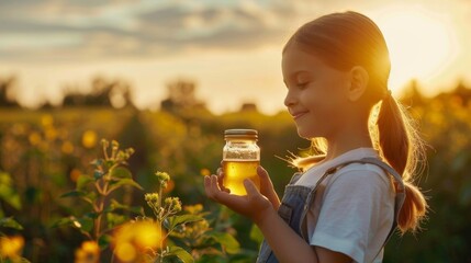 A child holding a jar of biofuel with a field of crops visible in the background. The text reads Harnessing the power of nature for a greener tomorrow. . - obrazy, fototapety, plakaty
