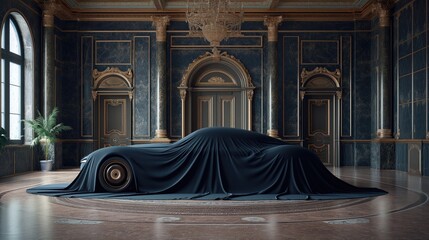 Presentation of the car covered with a black cloth. Created with Generative AI.