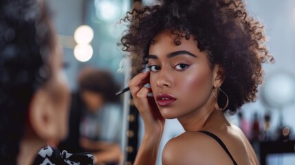 A photo of a model sitting in front of a mirror while a makeup artist stands behind them applying lipstick. The artists hands are steady and poised as they carefully enhance the models . - obrazy, fototapety, plakaty