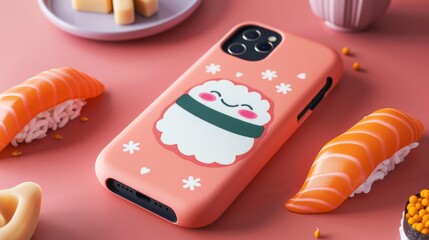 Blank mockup of a quirky sushi phone case with a playful cartoon illustration. .