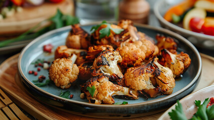 Fototapeta premium Roasted cauliflower topped with parsley on plate