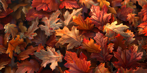 Naklejka na ściany i meble Top view of beautiful autumn leaves Red autumn leaves background Vibrant autumn leaf texture natural and colorful seasonal autumn colorful yellow golden thick blanket of fallen dry maple leaves 