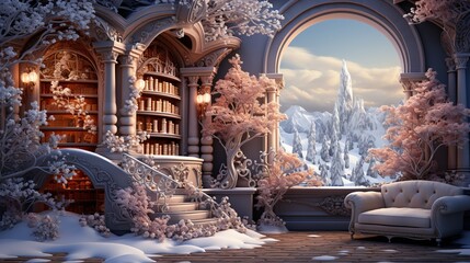 fantasy living room with fireplace, armchair, bookshelf and snow covered trees - obrazy, fototapety, plakaty