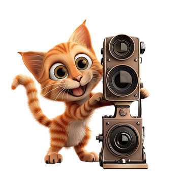 Cartoon feline poses with a camera, wearing a joyful expression Isolated on transparent