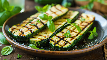 Grilled zucchini slices with fresh basil on ceramic plate