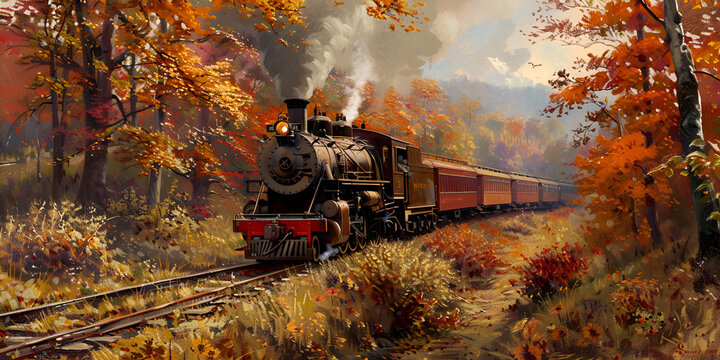  Autumn Scene With A Train Passing Vintage train puffing through a scenic landscape Painting of a train traveling through a forest with a sunset