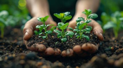 Teamwork and growth with plants in the hands of a group or team of eco people for agriculture and collaboration in a green business. Diverse people holding growing sprouts in a startup company.