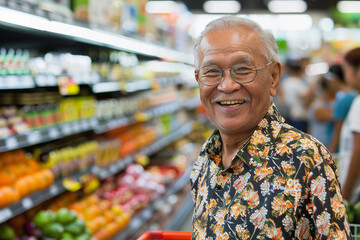 Elderly Asian man in floral shirt shopping in grocery store