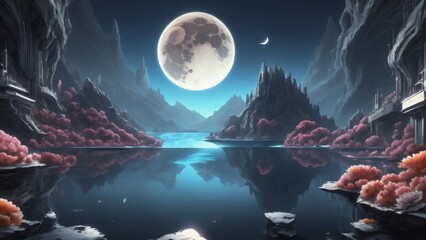 Moonlit Lake Reflection in the Night Sky - obrazy, fototapety, plakaty
