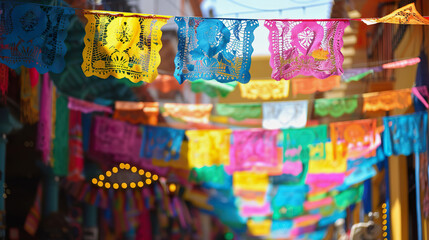 Colorful cutout papel picado hang in market, celebrating Cinco de Mayo