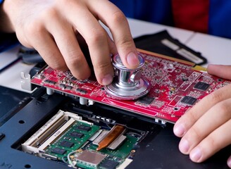 Repairman working in technical support fixing computer laptop tr - 782619536