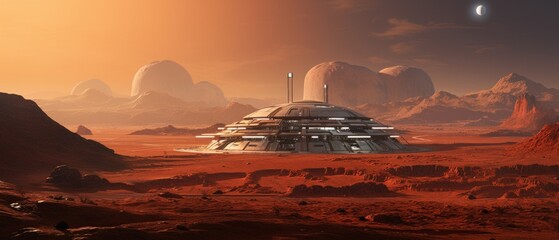 a city on Mars with olympus mons in the background - obrazy, fototapety, plakaty