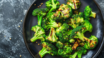 Roasted broccoli topped on plate, top view copy space