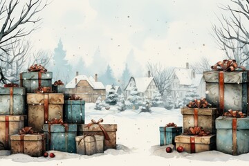Cartoon pile of Christmas gifts in colorful gift boxes in watercolor style. Bright holiday boxes for gifts or congratulations.copy space. free space for text