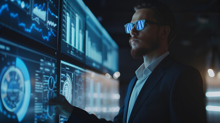smart businessman blue glasses using futuristic computer holographic display artificial intelligence to project data, big screen displaying charts on wall in a dark office room