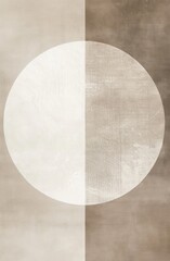 A minimalist, circular graphic design in two colors beige and white on textured linen paper