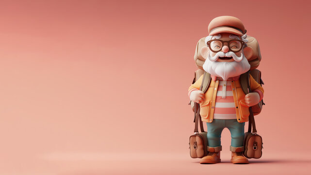 Cartoon senior tourist explorer with backpack, hiking traveller