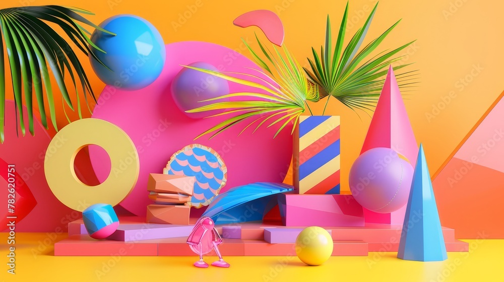 Poster bold and vibrant 3d renderings in a memphis style 3d style isolated flying objects memphis style 3d 