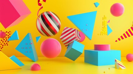 Bold and colorful abstract objects soaring through a digital world 3D style isolated flying objects memphis style 3D render  AI generated illustration