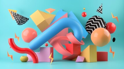 Bold and dynamic floating shapes in a Memphis style design 3D style isolated flying objects memphis style 3D render  AI generated illustration