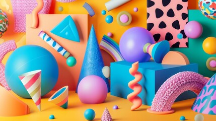 Bold and vibrant 3D renderings in a Memphis style 3D style isolated flying objects memphis style 3D render   AI generated illustration