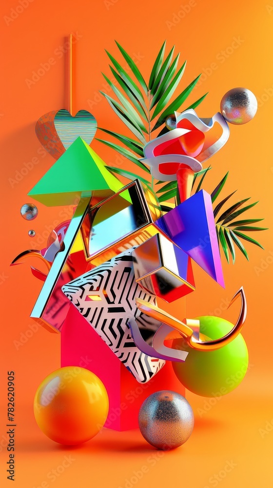 Fototapete Bright and colorful 3D objects with a futuristic vibe 3D style isolated flying objects memphis style 3D render   AI generated illustration
