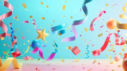Foto op Plexiglas Bright party streamers in a 3D style 3D style isolated flying objects memphis style 3D render   AI generated illustration © ArtStage