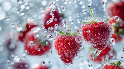 Bright red strawberries suspended among frozen droplets and water   AI generated illustration