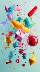 Colorful geometric shapes floating in space 3D style isolated flying objects memphis style 3D render   AI generated illustration