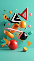 Colorful geometric shapes floating in space 3D style isolated flying objects memphis style 3D render  AI generated illustration