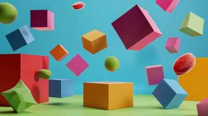 Fototapeta na wymiar Colorful geometric shapes suspended in midair 3D style isolated flying objects memphis style 3D render AI generated illustration