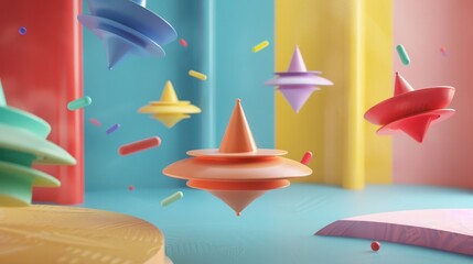 Colorful spinning tops in a dreamlike setting 3D style isolated flying objects memphis style 3D render   AI generated illustration