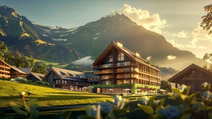 a visualisation of a single mountain resort main hotel building, luxurious, green mountains, modern chalet style - obrazy, fototapety, plakaty