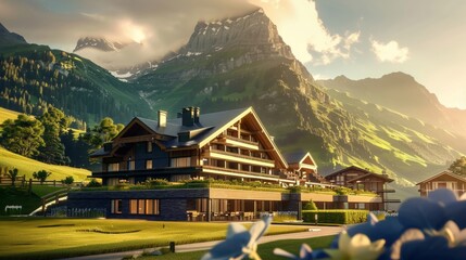 a visualisation of a single mountain resort main hotel building, luxurious, green mountains, modern chalet style - obrazy, fototapety, plakaty