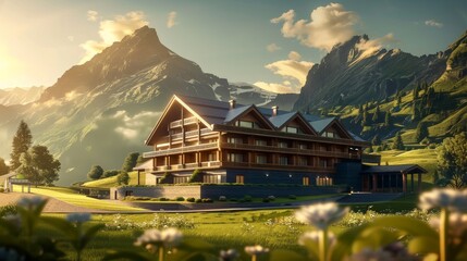 a visualisation of a single mountain resort main hotel building, luxurious, green mountains, modern chalet style