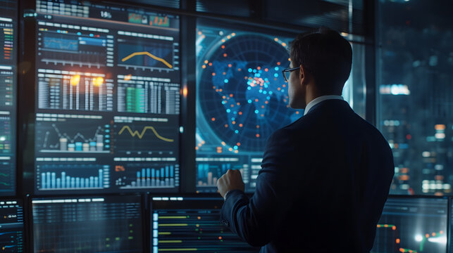 A businessman looking screen AI control center, displaying data charts multiple screens. background city lights  dark tones, stands with his back , wearing glasses formal business attire