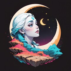 a close up of a person with a moon in the background, shirt art