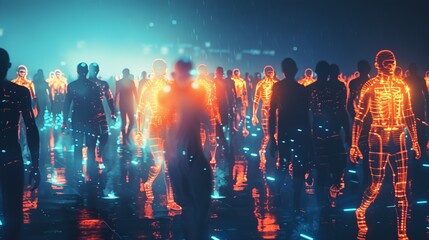 Cybernetically enhanced individuals walk amongst the crowd their glowing implants shining in the darkness   AI generated illustration - obrazy, fototapety, plakaty