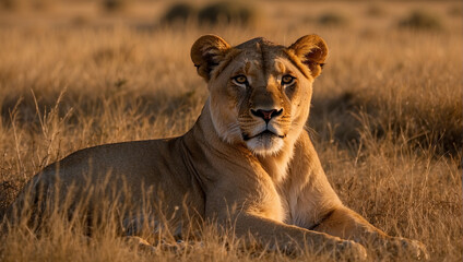 Naklejka premium lion cub in the savannah, lioness in the savannah, lioness and cub