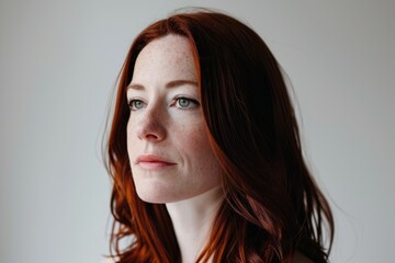 Portrait of a beautiful redhead woman with freckles on her face