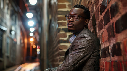 Fototapeta premium In a dimly lit alleyway a stylish black man leans nonchalantly against a brick wall his expensive designer jacket and sparkling watch a symbol of his success in the midst of an urban .