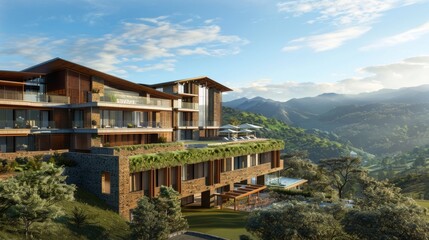 Fototapeta na wymiar an architectural visualisation of a golf resort main hotel building, luxurious, modern, green mountains in background