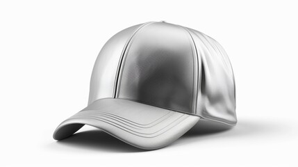 Blank mockup of a metallic silver baseball cap with a curved brim and plastic snapback. .