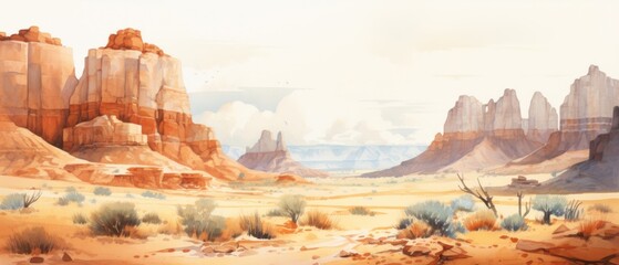 beautiful water color painting in style of southwestern art with buttes and bluffs with many teeth on ground on white background - obrazy, fototapety, plakaty