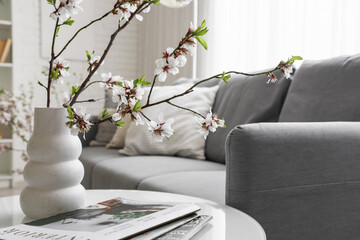 Vase with blooming branches and magazines on coffee table in light living room, closeup
