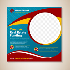 creative real estate funding banner design template with square layout. dot circle halftone pattern in white. combination blue, red and yellow colors. space for photo and text. - obrazy, fototapety, plakaty