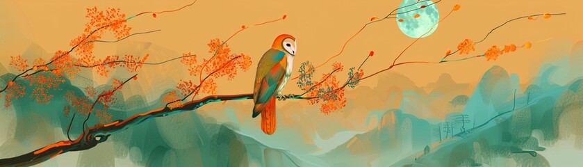 Owl anatomy on a branch, detailed feathers in vector, moonlit night anatomy focus, white background