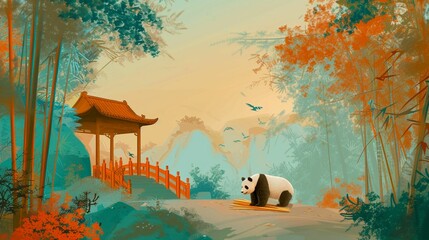 Panda munching bamboo, playful eye anatomy in vector, forest setting anatomy, white background - obrazy, fototapety, plakaty
