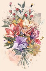 Colorful illustration line art, colorful bouquet of flowers on beige background