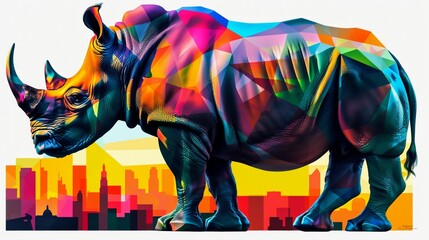 Rhino on savannah, powerful stature anatomy in vector, sunset horizon anatomy, white background